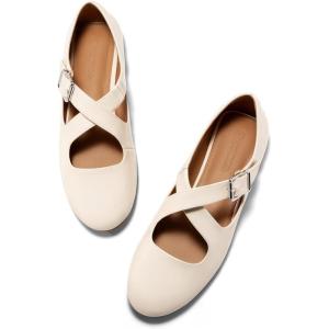 Coutgo Women’s Ballet Flats Comfortable Closed Round Toe Criss Cross Ankle Strap Dress Dance Flat Shoes(Beige)