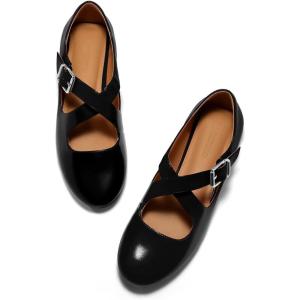 Coutgo Women’s Ballet Flats Comfortable Closed Round Toe Criss Cross Ankle Strap Dress Dance Flat Shoes(Black)