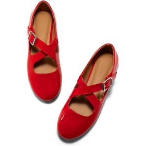 Coutgo Women’s Ballet Flats Comfortable Closed Round Toe Criss Cross Ankle Strap Dress Dance Flat Shoes(Red)