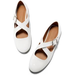 Coutgo Women’s Ballet Flats Comfortable Closed Round Toe Criss Cross Ankle Strap Dress Dance Flat Shoes(White)