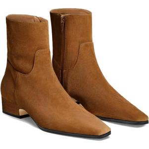 Coutgo Womens Booties Low Heel Ankle Boots Square Pointed Toe Chunky Heel Side Zipper Dressy Fall Boots Shoes(Brown)