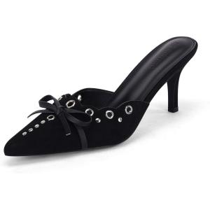Coutgo Women’s Bow Tie Mule Heels Pointed Toe Studded Backless Stilettos Slip On Dress Pump Shoes(Black)