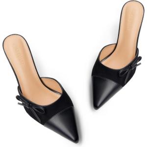 Coutgo Womens Bow Tie Mules Heels Two Tone Closed Pointed Toe Slip On Backless Wedding Dress Shoes Pumps(Black)