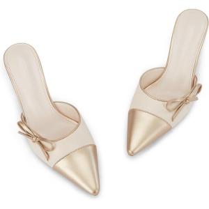 Coutgo Womens Bow Tie Mules Heels Two Tone Closed Pointed Toe Slip On Backless Wedding Dress Shoes Pumps(Nude)