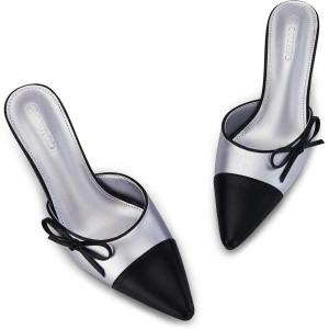 Coutgo Womens Bow Tie Mules Heels Two Tone Closed Pointed Toe Slip On Backless Wedding Dress Shoes Pumps(Silver)
