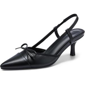 Coutgo Women‘s Bow Tie Slingback Pumps Pointed Toe Kitten Low Heel Patchwork Dress Heeled Sandals(Black)