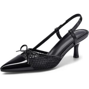 Coutgo Women‘s Bow Tie Slingback Pumps Pointed Toe Kitten Low Heel Patchwork Dress Heeled Sandals(Cool Black)