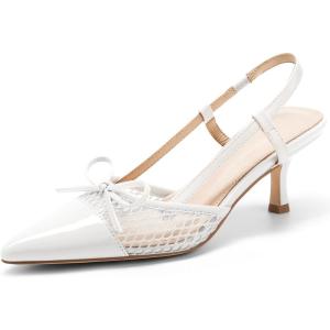 Coutgo Women‘s Bow Tie Slingback Pumps Pointed Toe Kitten Low Heel Patchwork Dress Heeled Sandals(Cool White)