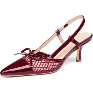 Coutgo Women‘s Bow Tie Slingback Pumps Pointed Toe Kitten Low Heel Patchwork Dress Heeled Sandals(Wine Red)