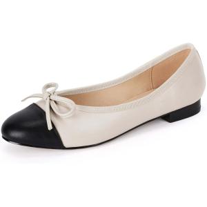 Coutgo Womens Cap Toe Ballet Flats Bow Pointed Toe Slip On Office Work Comfort Dress Party Flat Shoes(Beige)