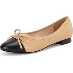 Coutgo Womens Cap Toe Ballet Flats Bow Pointed Toe Slip On Office Work Comfort Dress Party Flat Shoes(Khaki)