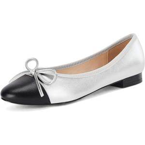 Coutgo Womens Cap Toe Ballet Flats Bow Pointed Toe Slip On Office Work Comfort Dress Party Flat Shoes(Silver)