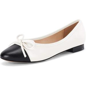 Coutgo Womens Cap Toe Ballet Flats Bow Pointed Toe Slip On Office Work Comfort Dress Party Flat Shoes(White)