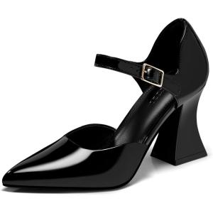 Coutgo Womens Chunky High Heels Closed Pointed Toe Ankle Strap Pumps Cute Dress Dance Shoes(Black)