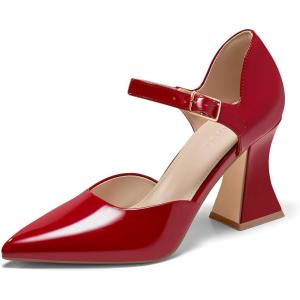 Coutgo Womens Chunky High Heels Closed Pointed Toe Ankle Strap Pumps Cute Dress Dance Shoes(Red)