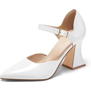 Coutgo Womens Chunky High Heels Closed Pointed Toe Ankle Strap Pumps Cute Dress Dance Shoes(White)