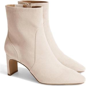Coutgo Womens Chunky Low Heel Ankle Boots Square Pointed Toe Side Zipper Booties Faux Suede Fall Shoes(Beige)