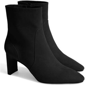 Coutgo Womens Chunky Low Heel Ankle Boots Square Pointed Toe Side Zipper Booties Faux Suede Fall Shoes(Black)