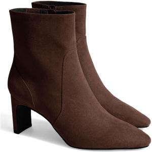 Coutgo Womens Chunky Low Heel Ankle Boots Square Pointed Toe Side Zipper Booties Faux Suede Fall Shoes(Chocolate)