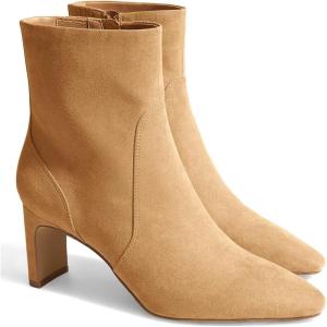 Coutgo Womens Chunky Low Heel Ankle Boots Square Pointed Toe Side Zipper Booties Faux Suede Fall Shoes(Light Brown)