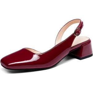 Coutgo Womens Chunky Low Heels D’Orsay Slingback Pumps Closed Square Toe Work Office Dress Shoes(Burgundy)