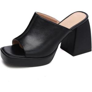 Coutgo Womens Chunky Platform Mules Sandals Slip On Block Heels Square Toe High Heeled Dress Shoes(Black)