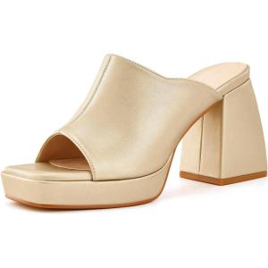 Coutgo Womens Chunky Platform Mules Sandals Slip On Block Heels Square Toe High Heeled Dress Shoes(Gold)