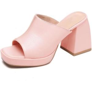 Coutgo Womens Chunky Platform Mules Sandals Slip On Block Heels Square Toe High Heeled Dress Shoes(Pink)