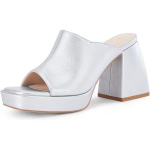 Coutgo Womens Chunky Platform Mules Sandals Slip On Block Heels Square Toe High Heeled Dress Shoes(Silver)