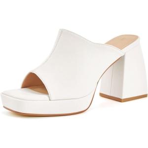 Coutgo Womens Chunky Platform Mules Sandals Slip On Block Heels Square Toe High Heeled Dress Shoes(White)