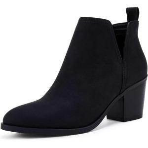 Coutgo Womens Cut Out Ankle Boots Chunky Stacked Heel Almond Toe Slip on Western Booties(Black)