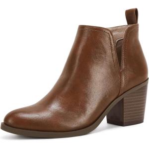 Coutgo Womens Cut Out Ankle Boots Chunky Stacked Heel Almond Toe Slip on Western Booties(Brown)