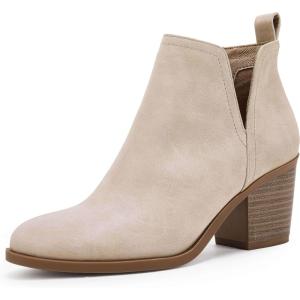Coutgo Womens Cut Out Ankle Boots Chunky Stacked Heel Almond Toe Slip on Western Booties(Khaki)