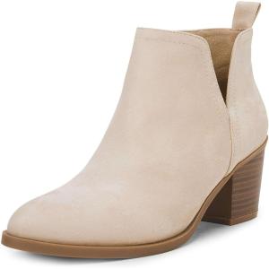 Coutgo Womens Cut Out Ankle Boots Chunky Stacked Heel Almond Toe Slip on Western Booties(Nude)