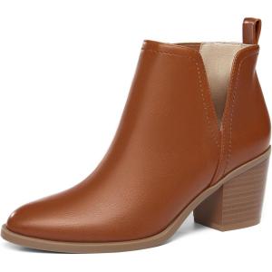Coutgo Womens Cut Out Ankle Boots Chunky Stacked Heel Almond Toe Slip on Western Booties(Red-brown)