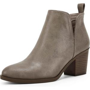 Coutgo Womens Cut Out Ankle Boots Chunky Stacked Heel Almond Toe Slip on Western Booties(Taupe)
