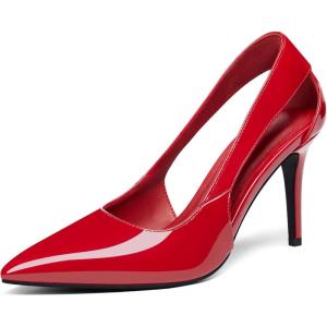 Coutgo Womens Dressy Heels Shoes Closed Pointed Toe Cut Out Pumps Casual Work Shoes(Red)