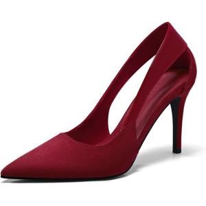 Coutgo Womens Dressy Heels Shoes Closed Pointed Toe Cut Out Pumps Casual Work Shoes(Red Wine)