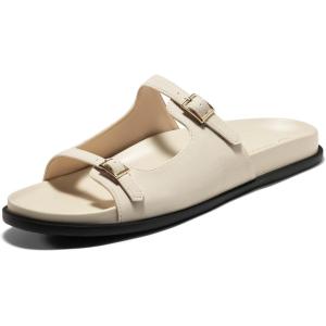 Coutgo Womens Flat Sandals Comfortable Wide Width Slides Double Strap Adjustable Buckle Slip on Shoes(Beige Grey)