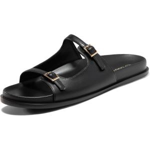 Coutgo Womens Flat Sandals Comfortable Wide Width Slides Double Strap Adjustable Buckle Slip on Shoes(Black)