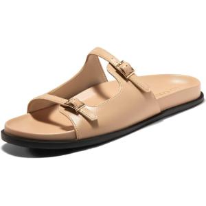 Coutgo Womens Flat Sandals Comfortable Wide Width Slides Double Strap Adjustable Buckle Slip on Shoes(Camel)
