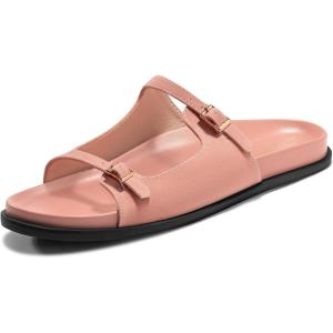 Coutgo Womens Flat Sandals Comfortable Wide Width Slides Double Strap Adjustable Buckle Slip on Shoes(Pink)