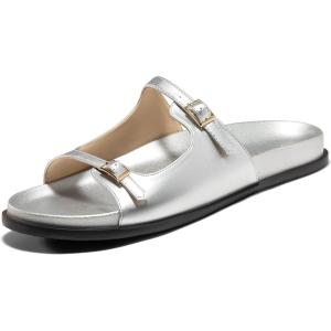 Coutgo Womens Flat Sandals Comfortable Wide Width Slides Double Strap Adjustable Buckle Slip on Shoes(Silver)