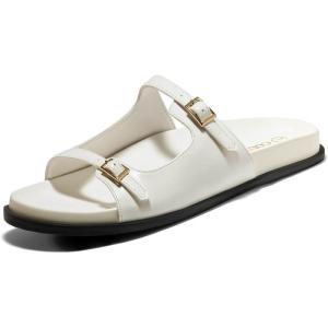 Coutgo Womens Flat Sandals Comfortable Wide Width Slides Double Strap Adjustable Buckle Slip on Shoes(White)