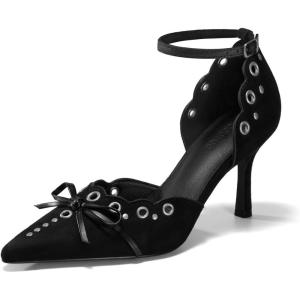 Coutgo Womens High Heels Bow Tie Closed Pointed Toe Stiletto Ankle Strap Studded Suede Dress Shoes(Black)