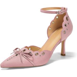 Coutgo Womens High Heels Bow Tie Closed Pointed Toe Stiletto Ankle Strap Studded Suede Dress Shoes(Pink)