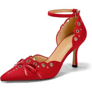 Coutgo Womens High Heels Bow Tie Closed Pointed Toe Stiletto Ankle Strap Studded Suede Dress Shoes(Red)