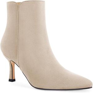 Coutgo Women’s Kitten Heel Booties Pointed Toe Low Stiletto Side Zipper Ankle Boots Shoes(Beige)