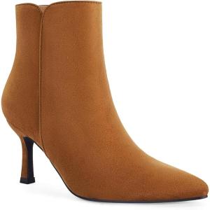 Coutgo Women’s Kitten Heel Booties Pointed Toe Low Stiletto Side Zipper Ankle Boots Shoes(Brown)