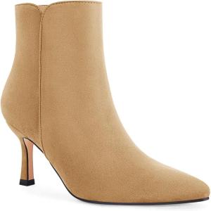 Coutgo Women’s Kitten Heel Booties Pointed Toe Low Stiletto Side Zipper Ankle Boots Shoes(Camel)